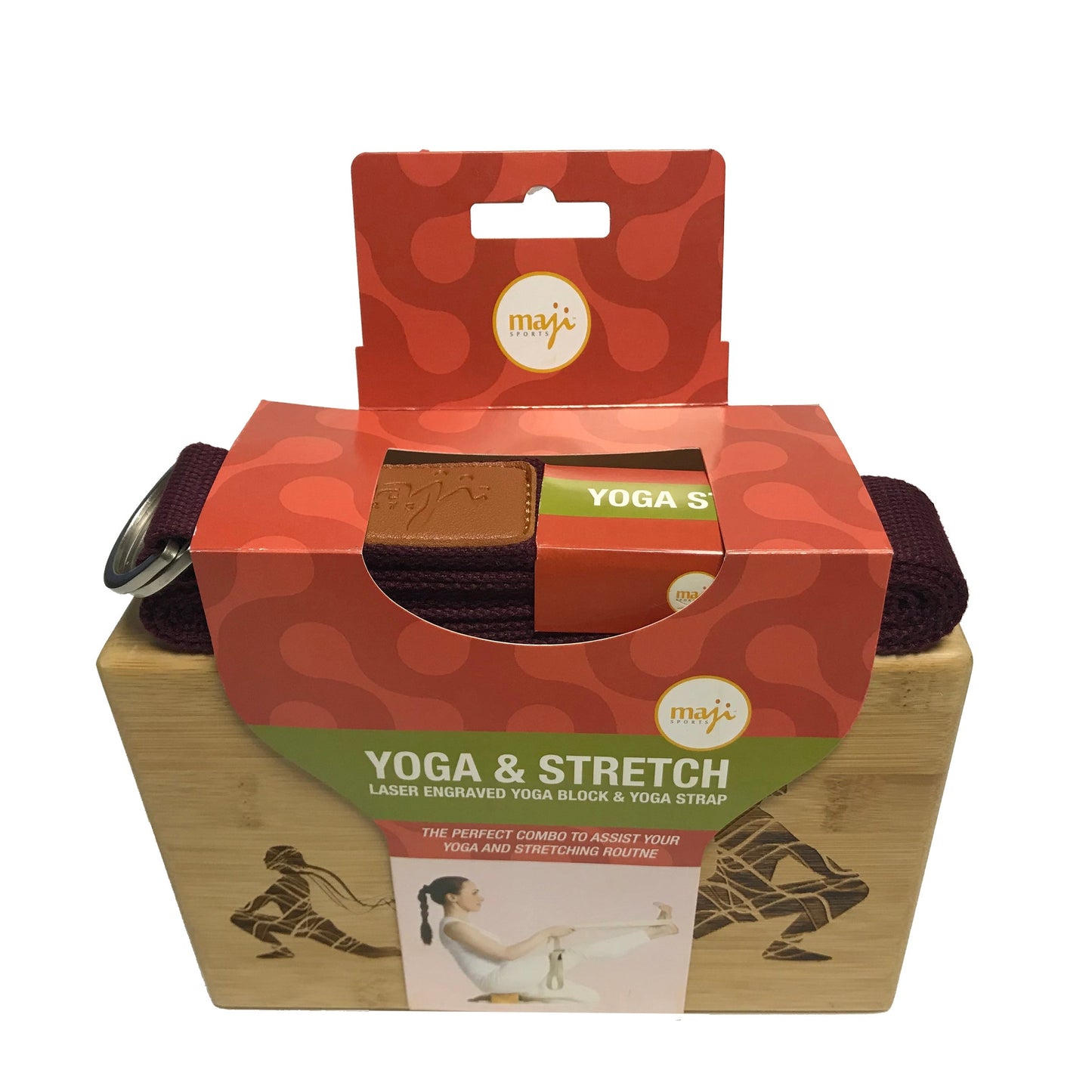 Maji Sports Laser Engraved Bamboo Yoga Block & Strap Combo