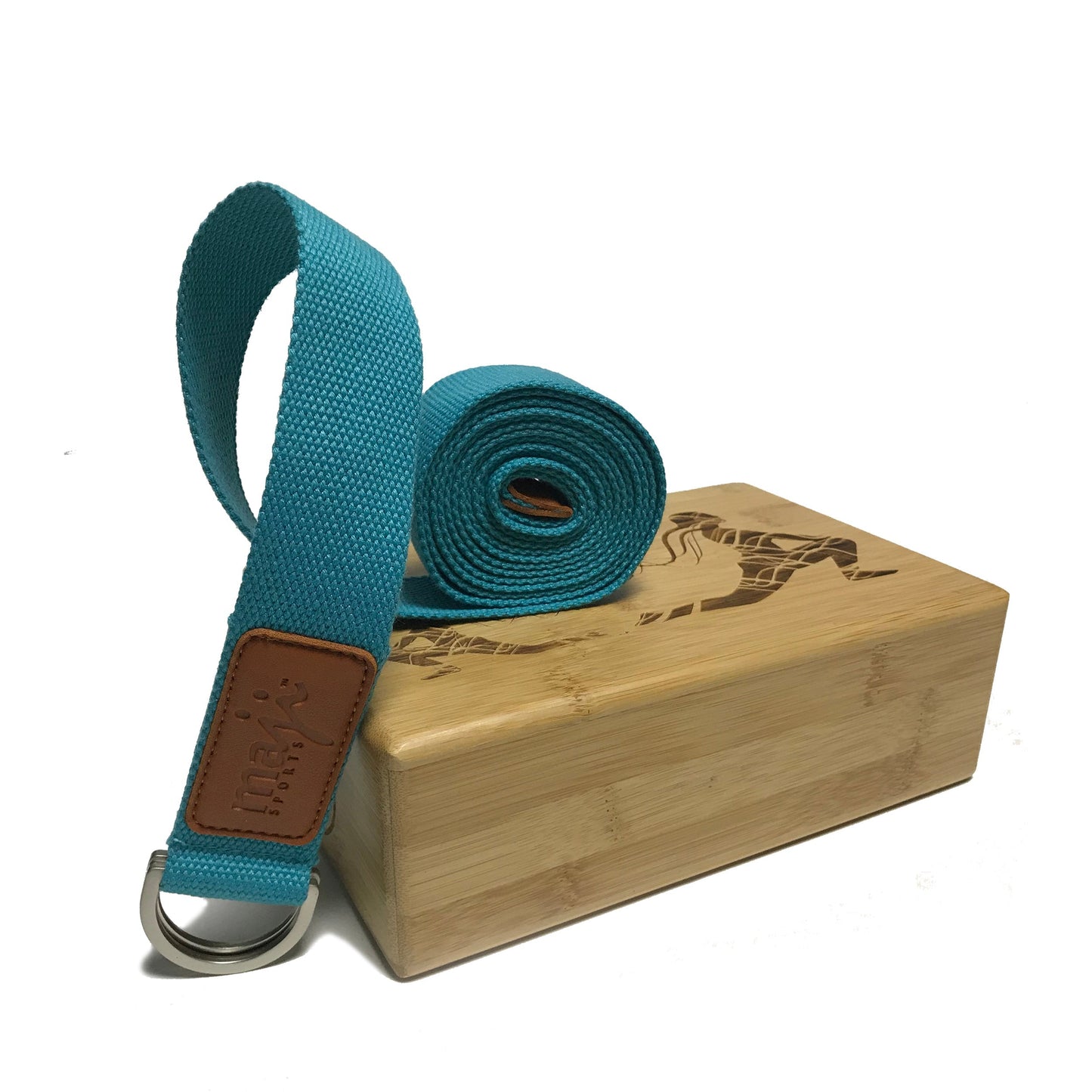 Maji Sports Laser Engraved Bamboo Yoga Block & Strap Combo