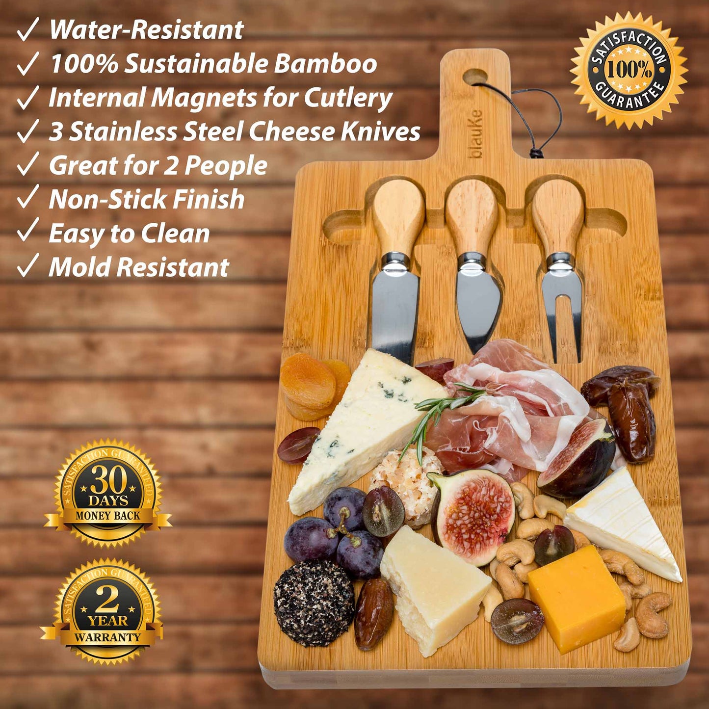 Bamboo Cheese Board and Knife Set - 12x8 inch Charcuterie Board