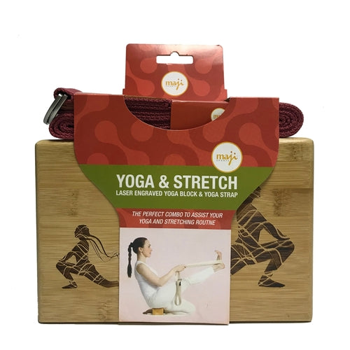 Maji Sports Laser Engraved Bamboo Yoga Block & Strap Combo